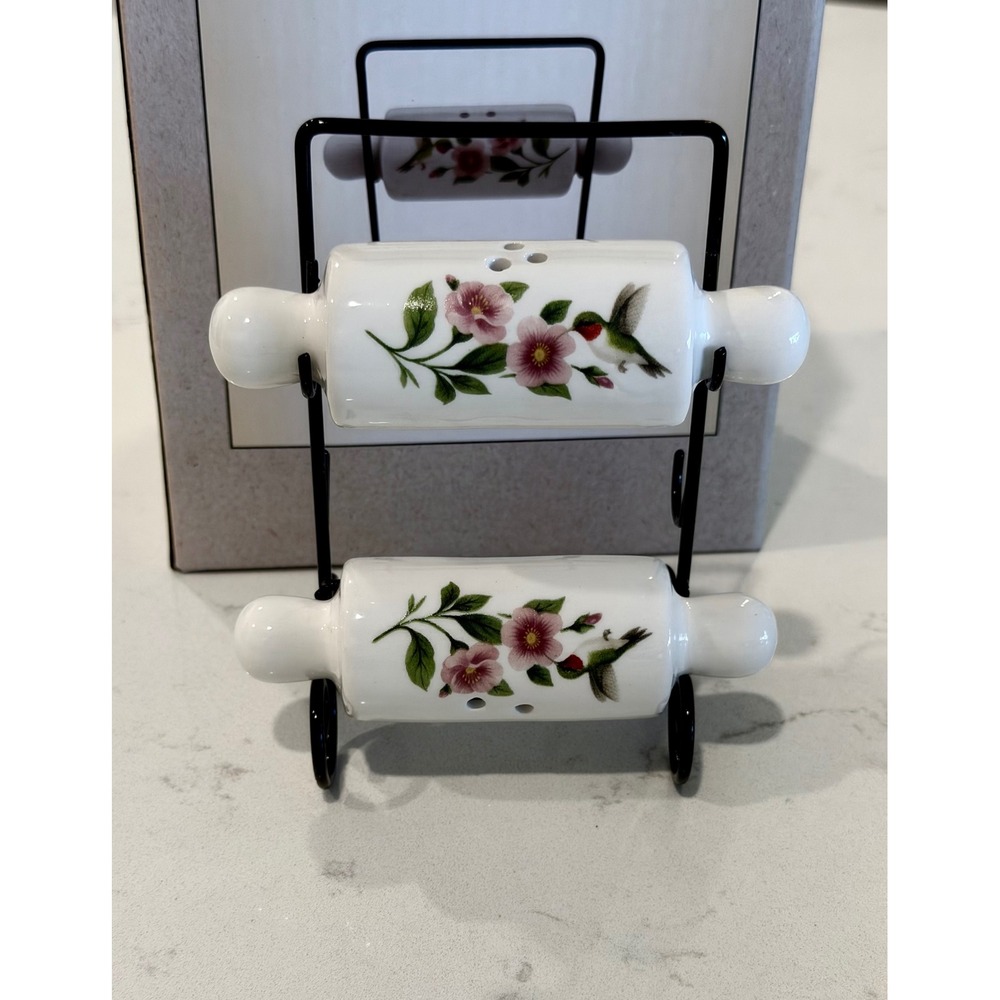Cracker Barrel Hummingbird Floral Rolling Pin Salt and Pepper Shaker Set Stand